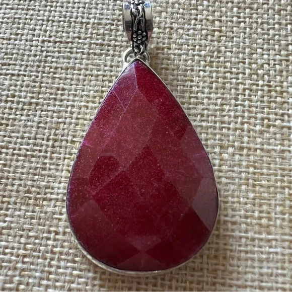 New Faceted Enhanced Ruby Stone Silver Overlay Pendant with Cord - Picture 2 of 5